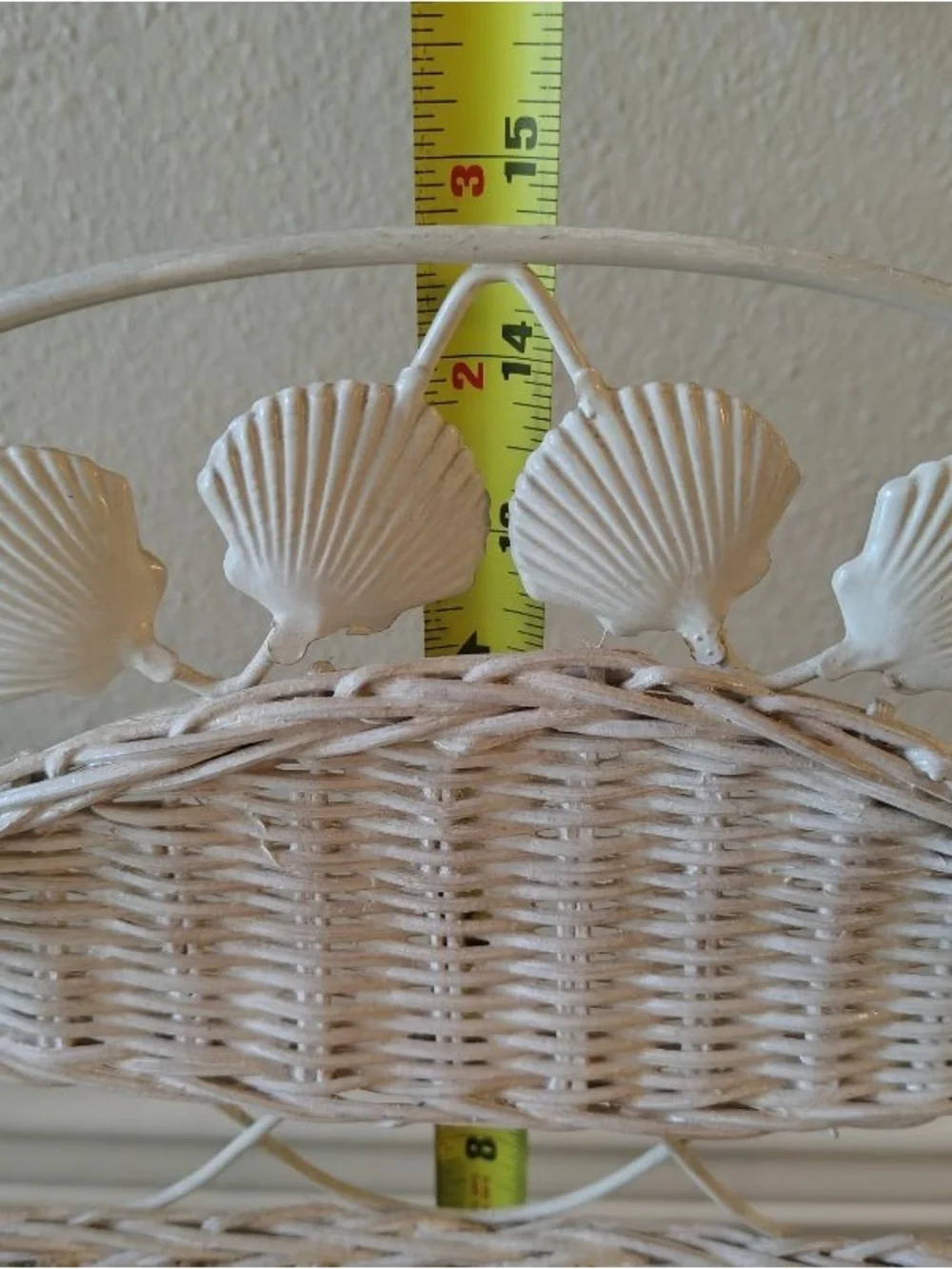 Vtg Wicker Rattan & Wire 2 Tiered Shelf White Hanging Coastal Cottage Seashells